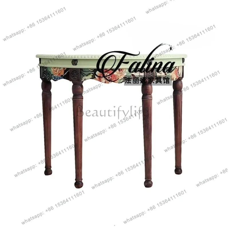 

French Solid Wood Semicircular Entrance Table Against The Wall, Retro Aisle, Opposite The Door, Very Narrow Hand-painted Count