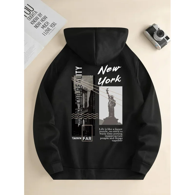 

Men's new fashion hoodie, Casual Daily Drawstring Hooded Sweatshirt Street View Print, front kangaroo pocket, men's jacket