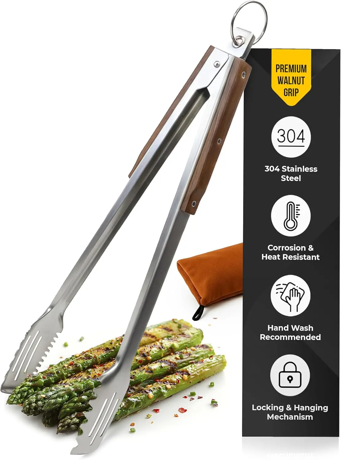 

17-Inch Heavy Duty Stainless Steel Grill Tongs with Walnut Grip & Gift Pouch