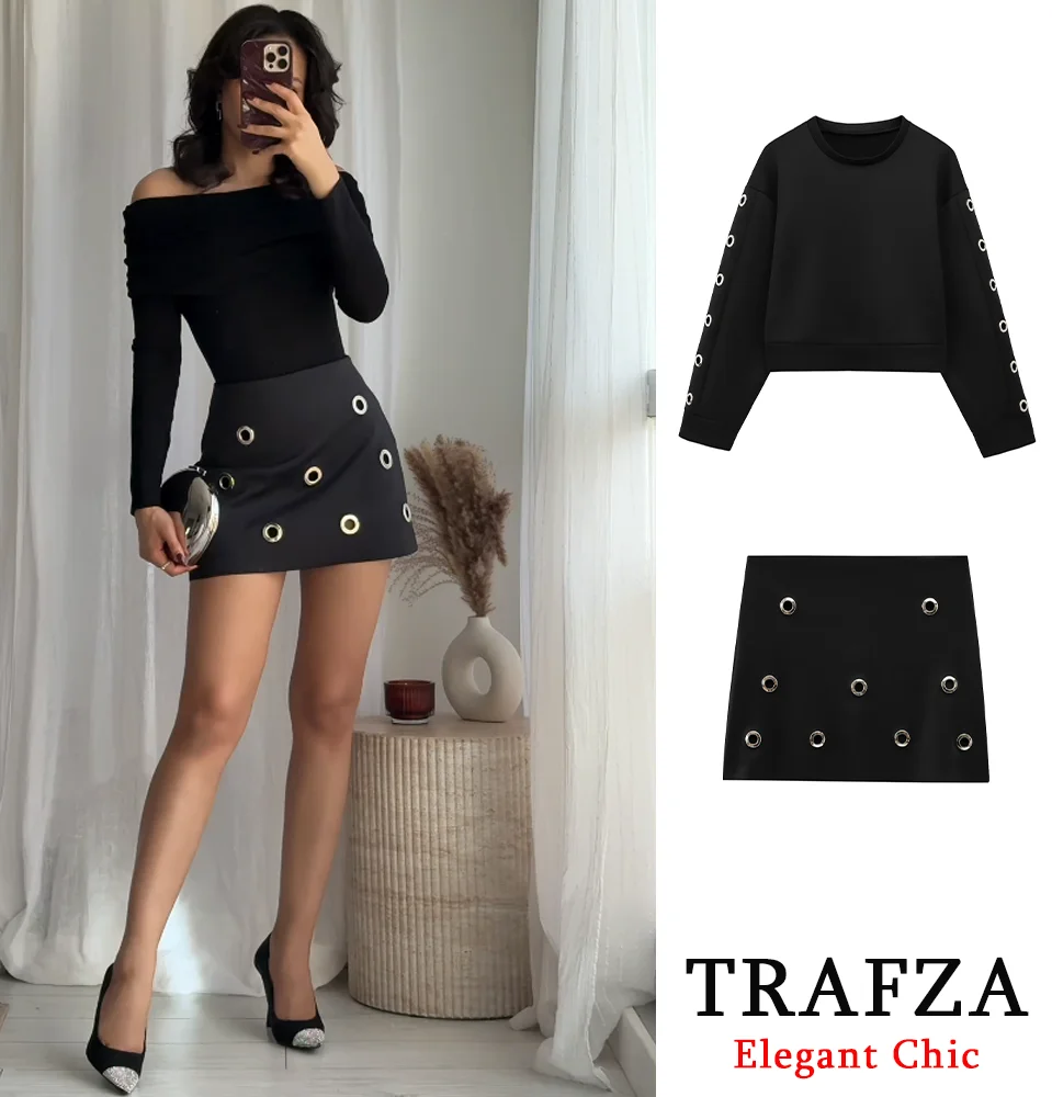 

TRAFZA Women Metal Holes Decoration Set Classic Black Short Top + High-Waist Skirt 2025 New Spring Summer Casual Comfort Suit