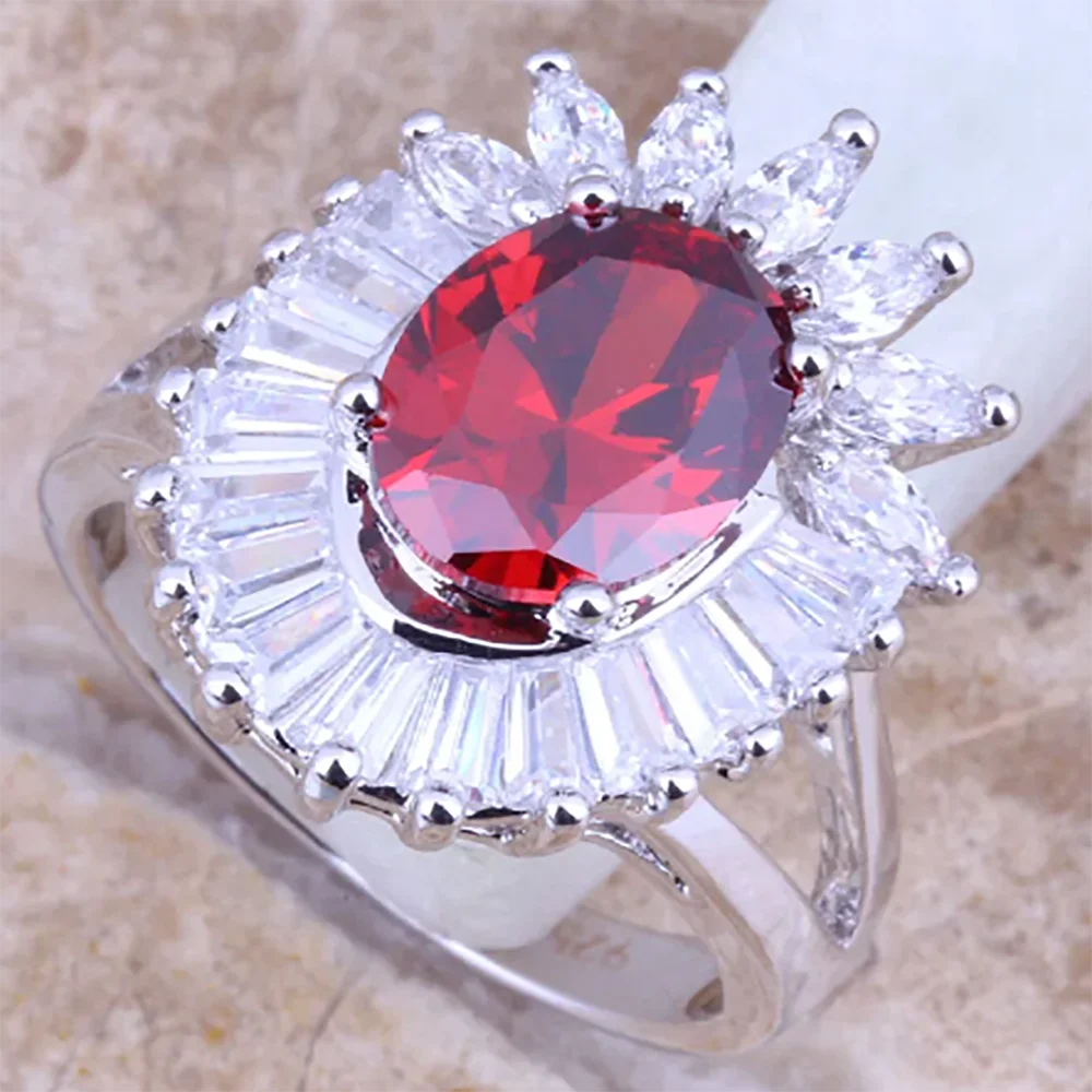 Enjoyable Red Garnet White CZ Silver Plated Women's Ring Size 6 / 7 / 8 / 9#