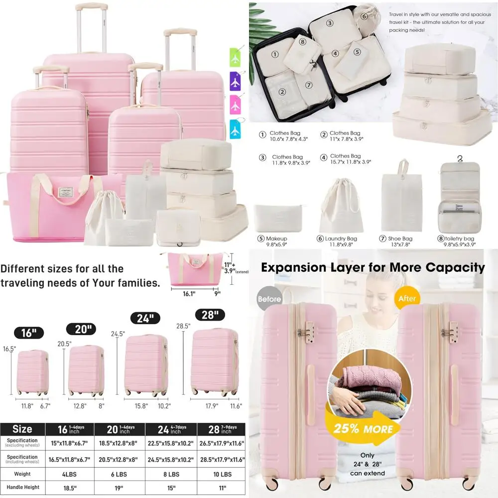 

13-компонентный комплект багажа размером 16, 20, 24, и 28 дюймов — 4-компонентный расширяемый жесткий чемодан светло-розового цвета для ручной клади.
