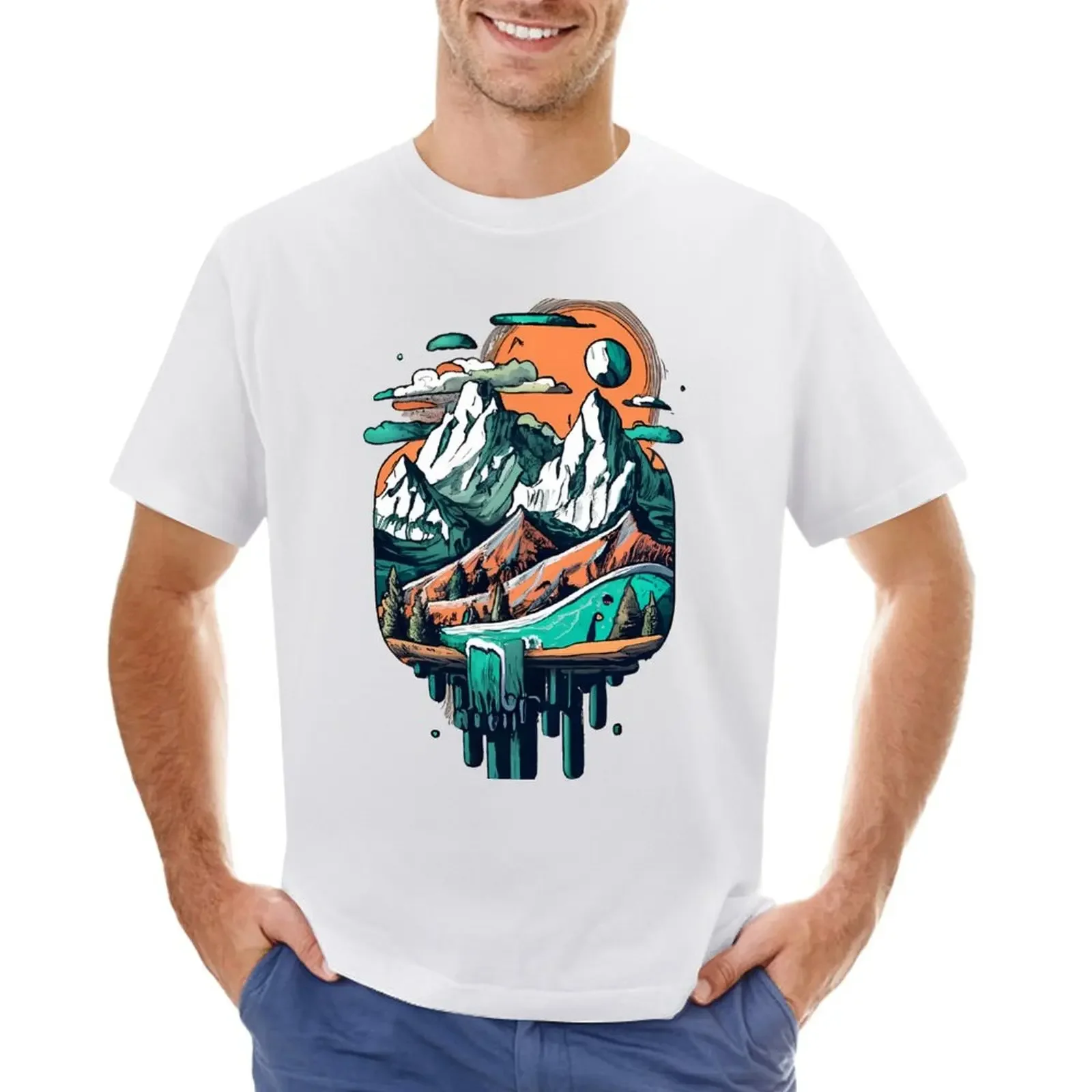 

Waterfall mountains T-shirt summer clothes funnys customs men clothes