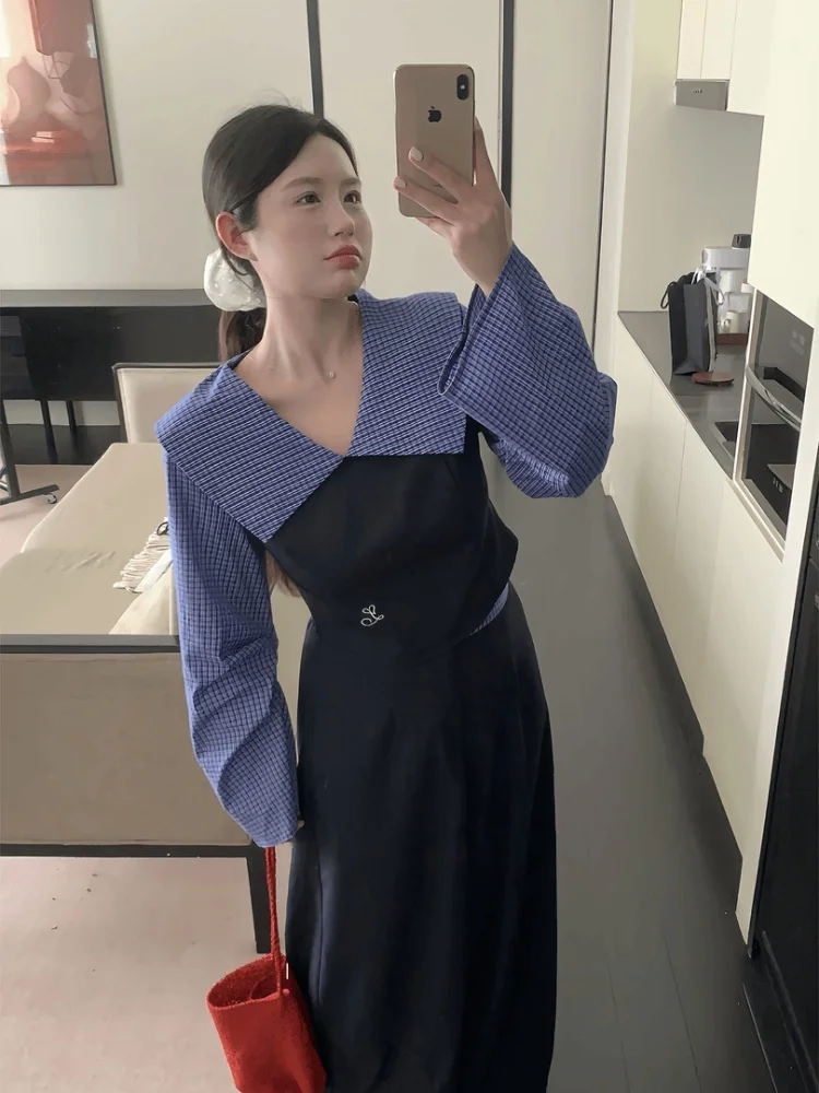 

Korean Style Commuter Plaid Split Women's Shirt High Waist Wide Leg Pants Fashion Set Casual Wear Autumn Seasonal Collection