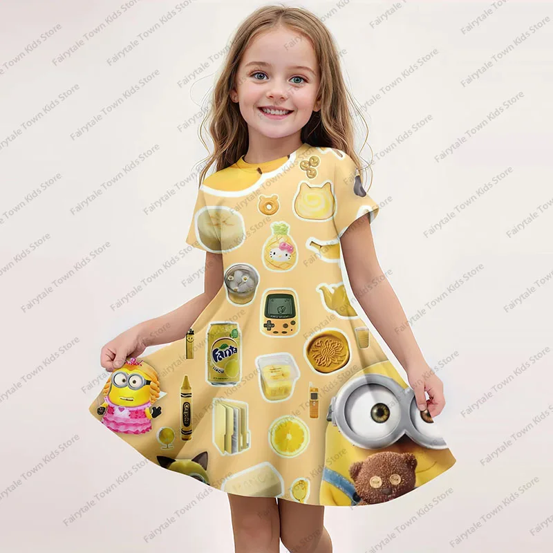 MINISO New Summer Girls Dress Cartoon Minions Party Casual Home Dresses For Children Girl 3D Print Short Sleeves Women Dress