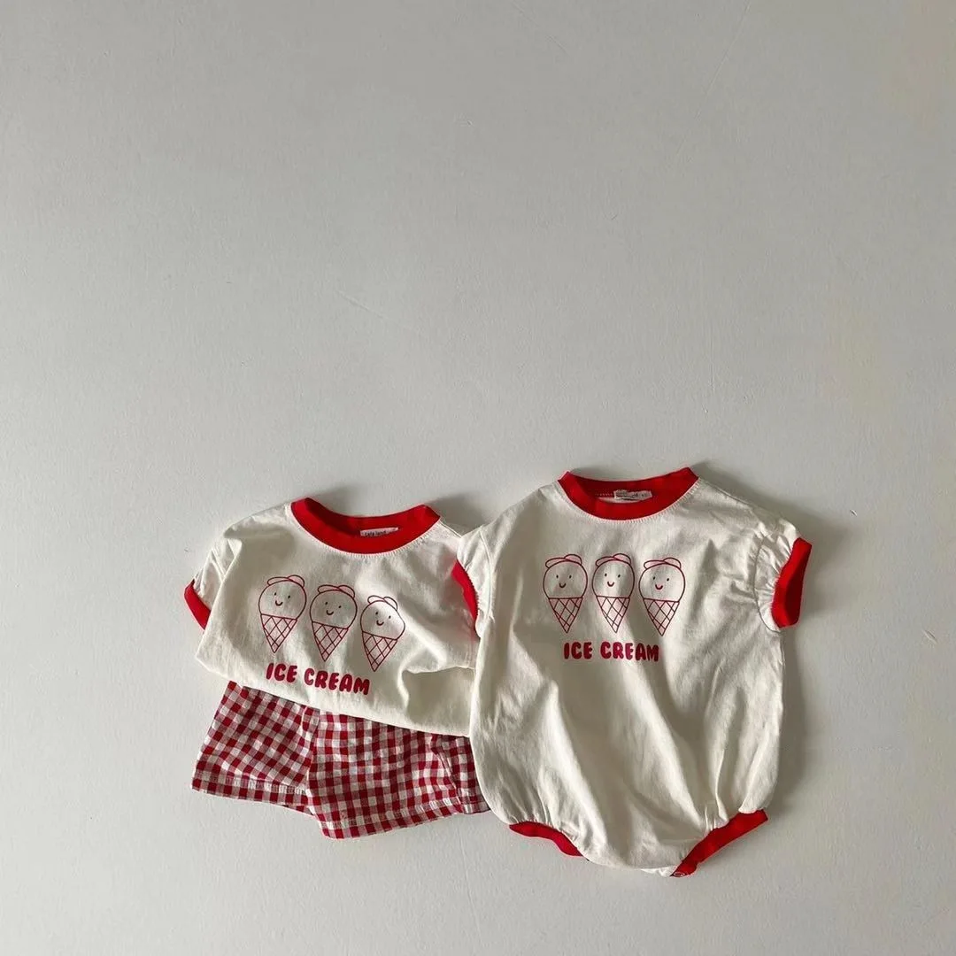 2024 Summer New Baby Cute Ice Cream Print Clothes Set Infant Boy Short Sleeve T Shirt 2pcs Set Cotton Baby Girl Plaid Shorts Set