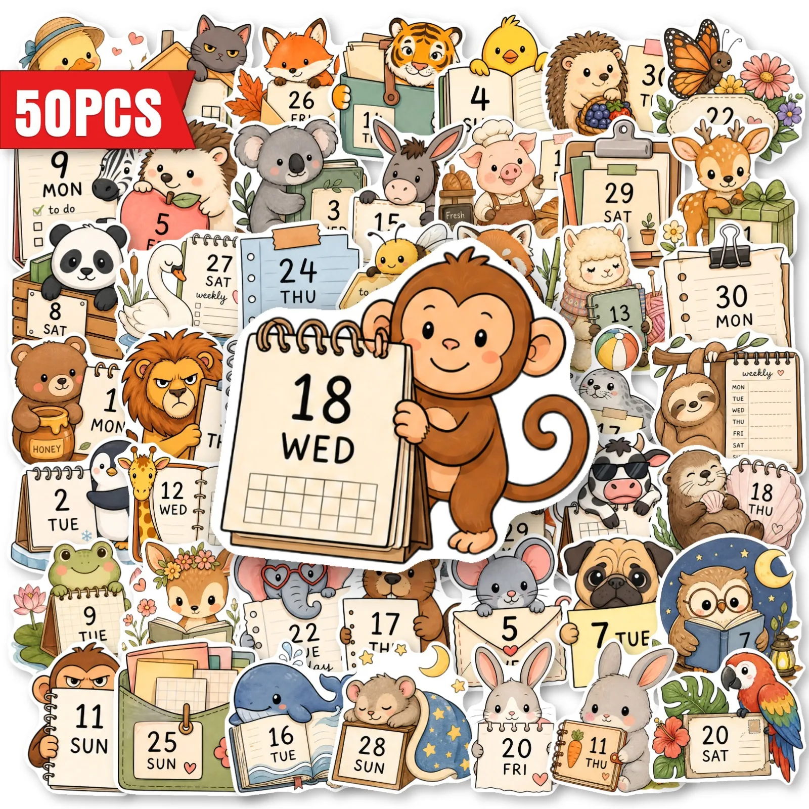 50Pcs Waterproof Vinyl Cartoon Animal Calendar Stickers DIY Creative for Journals Notebooks Phone Cases Scrapbook