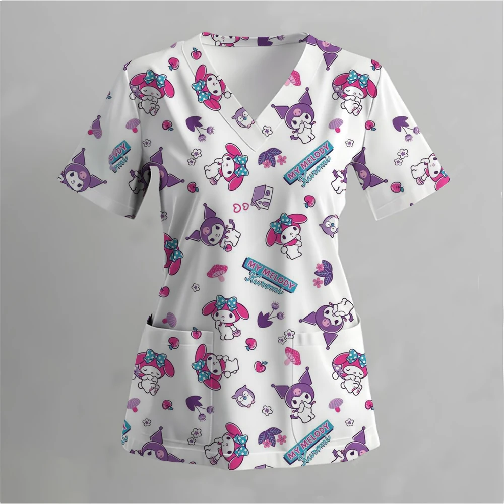 المرأة الكرتون مرحبا كيتي طباعة Kawaii ممرضة موحدة الدعك القمم قصيرة الأكمام جيب وزرة الزي الرسمي بلوزة التمريض الطبية
