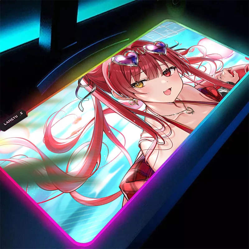 

RGB LED Mousepad H-hololive Houshou Marine Mouse Pad Rubber Gaming Mats Office Keyboard Pad Laptop Desk Mat Large Extended Pad
