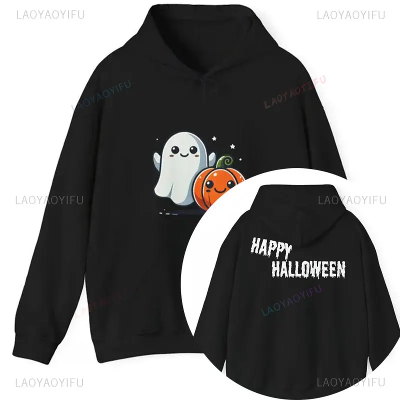 Happy Halloween Pumpkin Woman Hoodie Fall Fashion Cute Bat Spooky Friendly Ghost Trick-or-Treat Apparel Unisex Hooded Sweatshirt