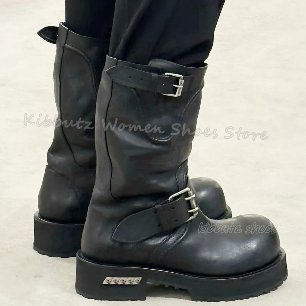 

Belt Buckle Mid Calf Boots Genuine Leather Solid Color Slip-On Fashion Luxury Concise Elegant Women Shoes Round Toe Chunky Heels