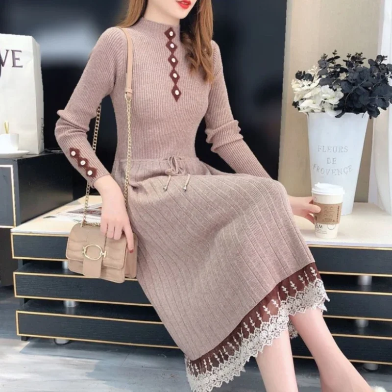 レーススプライシング女性用クロシェドレス、ウエストシェイプ韓国風服、プロモーション中、2025年ファッション原宿風女性ニットドレス