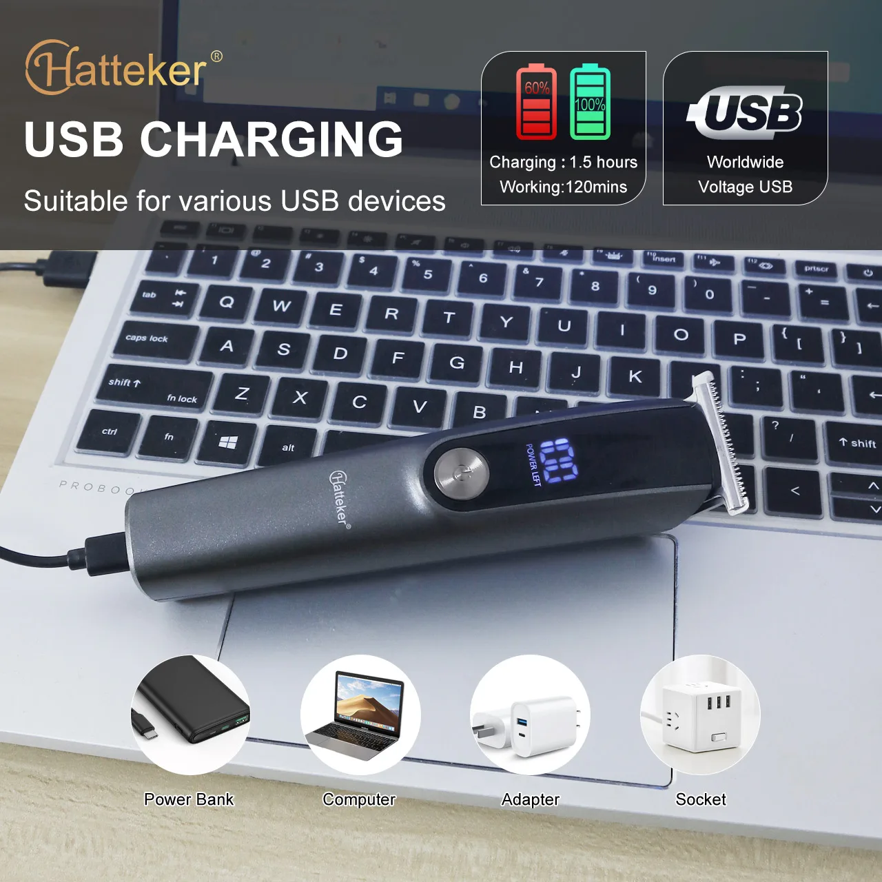 ماكينة تشذيب الشعر واللحية للرجال 5 في 1 قابلة لإعادة الشحن من Hatteker ماكينة حلاقة كهربائية لتصفيف الجسم قابلة للتعديل لتشكيل الوجه والحواجب