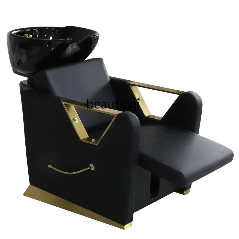 

Ceramic Basin Leather Shampoo Chair Stainless Steel Gold Plated Barber Shop Shampoo Flushing Bed