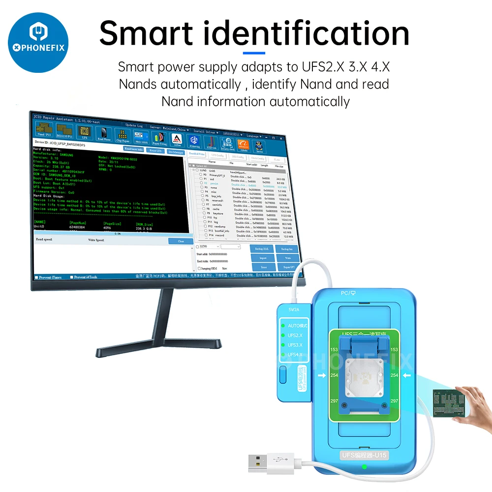 JCID UFS وشريحة مبرمج ، قراءة وكتابة ، U15 لـ BGA315 ، USB ، UFS 3.X 4.x ، 3 في 1