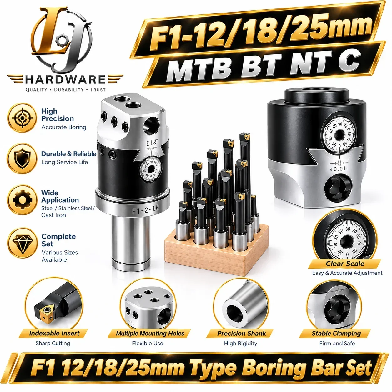 F1 Precision Boring Head 2/3/4 Inch 50/75/100mm 12/18/25mm Boring Bar MT2/3/4 BT30/40 NT30/40 R8 Lathe Mill Holder w/ Hex Wrench