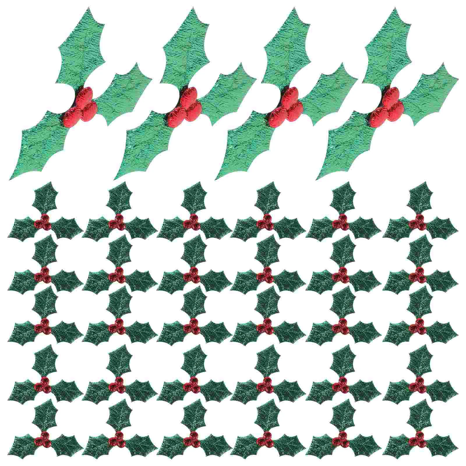 100 Pcs Christmas Crafts Holly Berries for Tree Artificial Leaves Berry Leaf Accessories Holiday Applique Patches Green