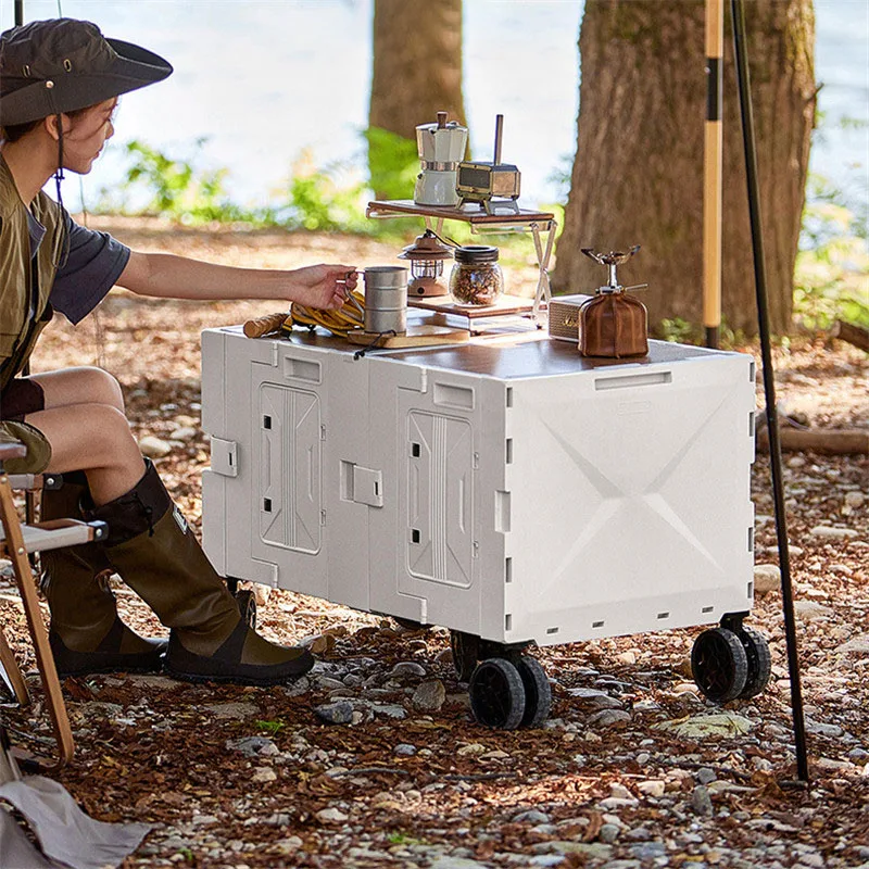 Factory Directly Plastic Mini Folding Wagon Camping Hiking Cart Outdoor Picnic Beach Camping Wagon with Wooden Lid Cover