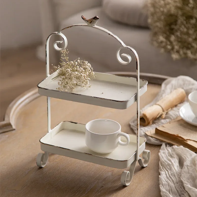 Metal White Double Height Tray with Retro Bird Finale, Cake Stand, Kitchen Storage Accessories