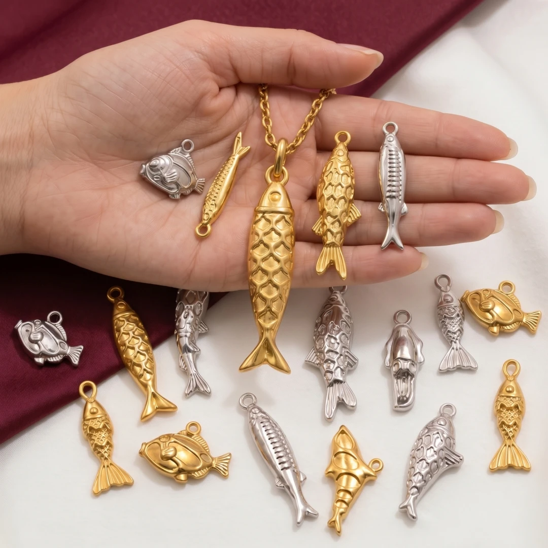 3Pcs Marine Life Animal Sea Fish Charm Stainless Steel Good Luck 3D Fish Shaped Pendant for Necklace Bracelet DIY Jewelry Making