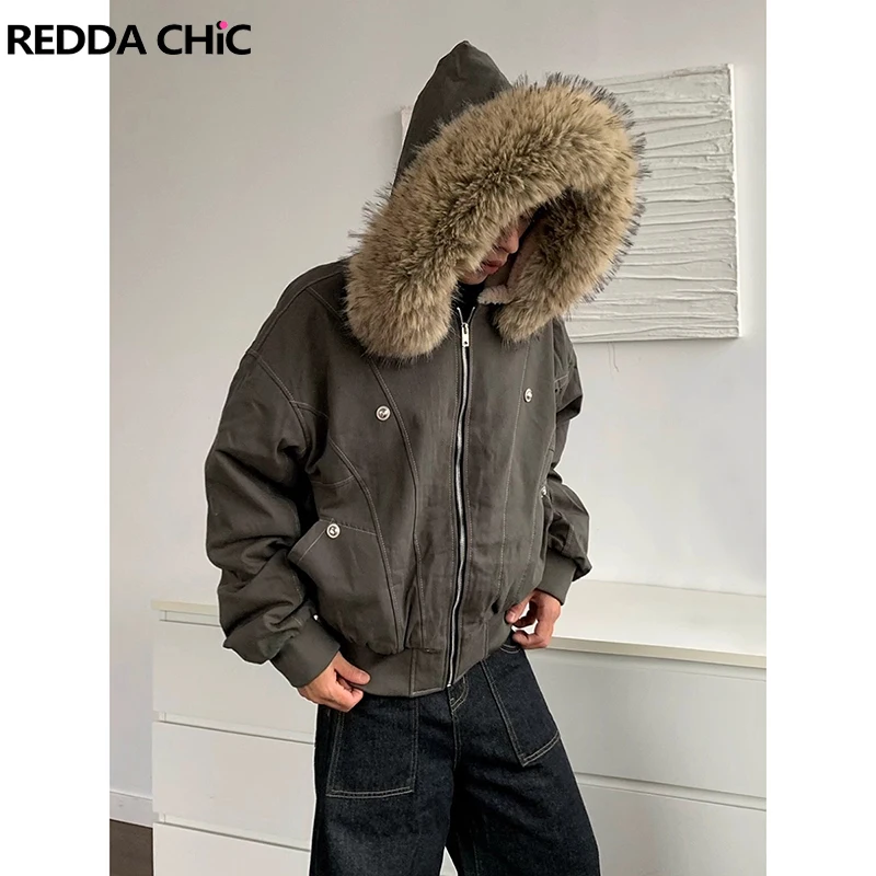 

ReddaChic Street Style Men's Faux Fur Hooded Jacket Zip Up Fleece Lined Thick Warm Cotton Coat Punk Moto Autumn Winter Outerwear