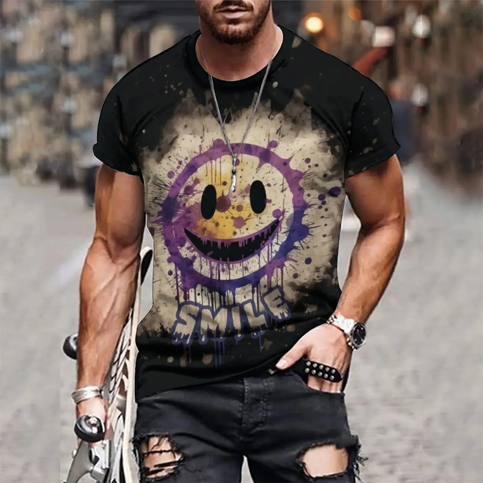 

Just Smile !!! 3D Colorful With Pattern New Hot Selling Short Sleeve Men's T-shirt Nightclub Fashion