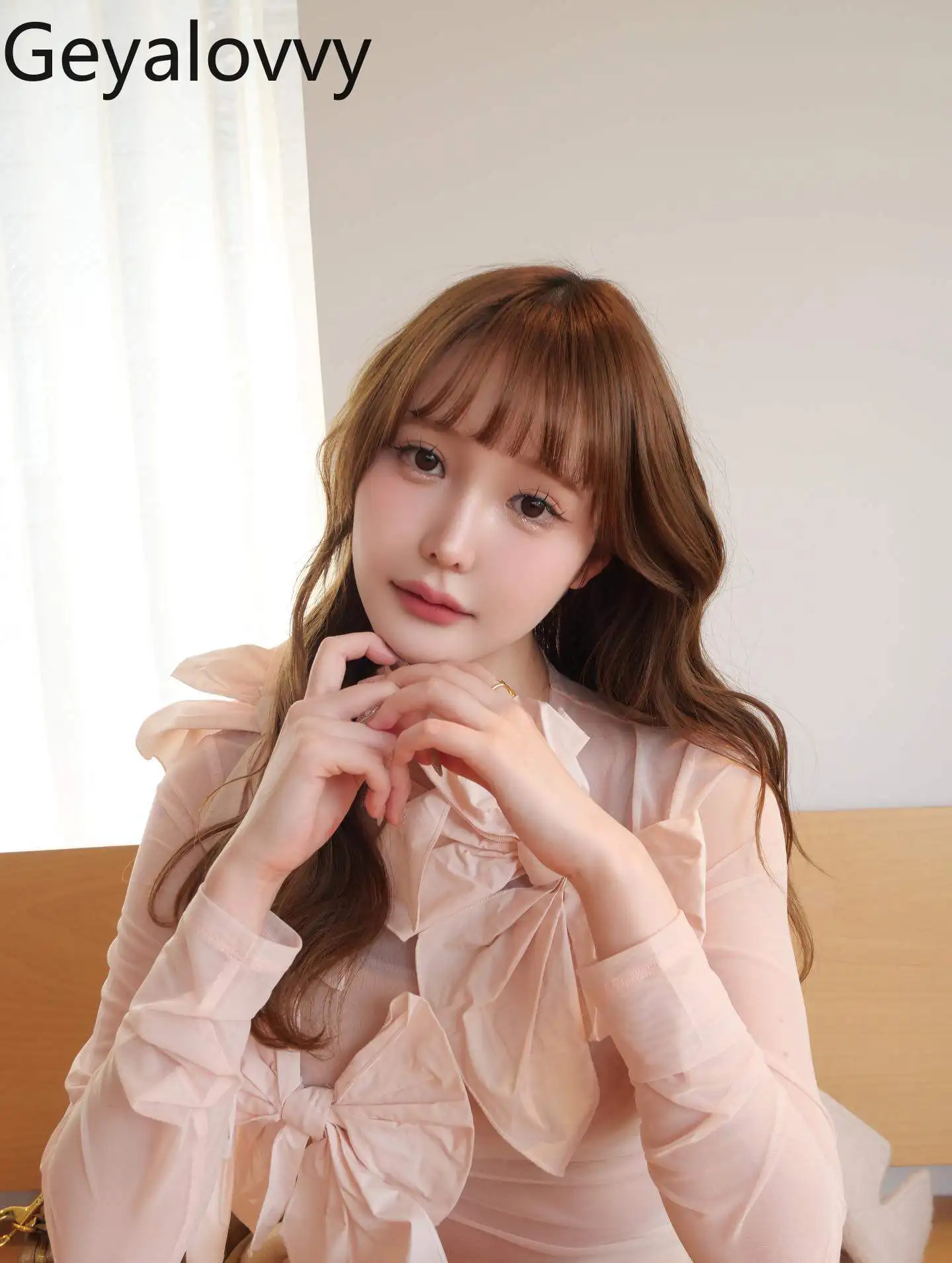 

2026 New Satin Bow Tulle See-through Tops Sweet Cute Girl's Round Neck Versatile Fashion Long Sleeve Blouse for Women