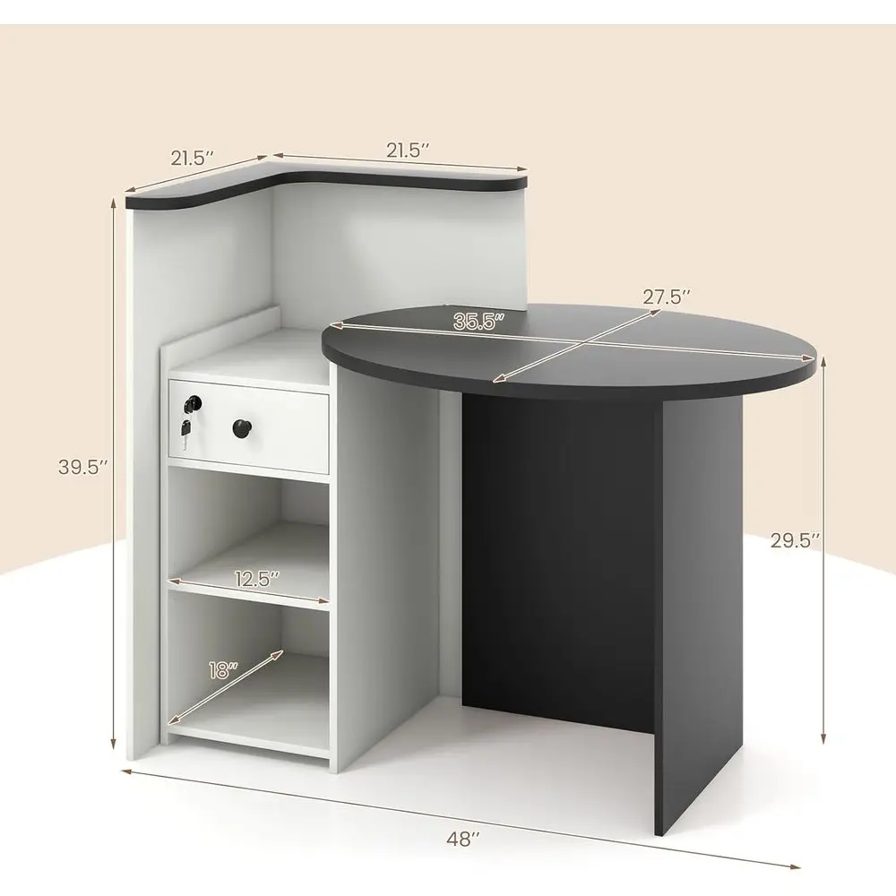 طاولة بيع بالتجزئة مقاس 48 بوصة مع درج قابل للقفل ورف تخزين، وطاولة استقبال على شكل حرف L، ومكتب كمبيوتر خشبي للصالون والمطعم، والإيقاف #3