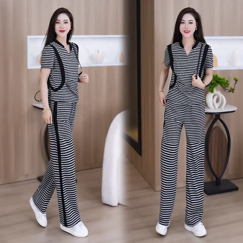

Fashionable Stripe Wide Leg Pants Set Women's Summer New Style Slimming Short Two Piece Set Casual Age Reducing Trendy