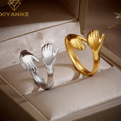 XIYANIKE 316L Stainless Steel Rings Hands Hug Opening for Woman Couple Simple Creative Trendy Design Punk Gifts Birthday Jewelry