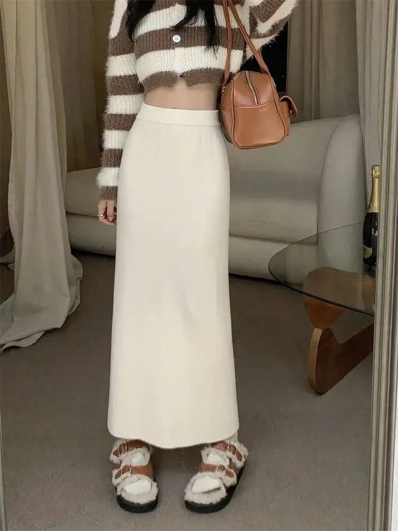 

Вязаные юбки до щиколотки для женщин: осенне-зимняя мода, элегантный крой, средняя талия, H-образный силуэт, из ПВХ-ткани, подходят для прогулок