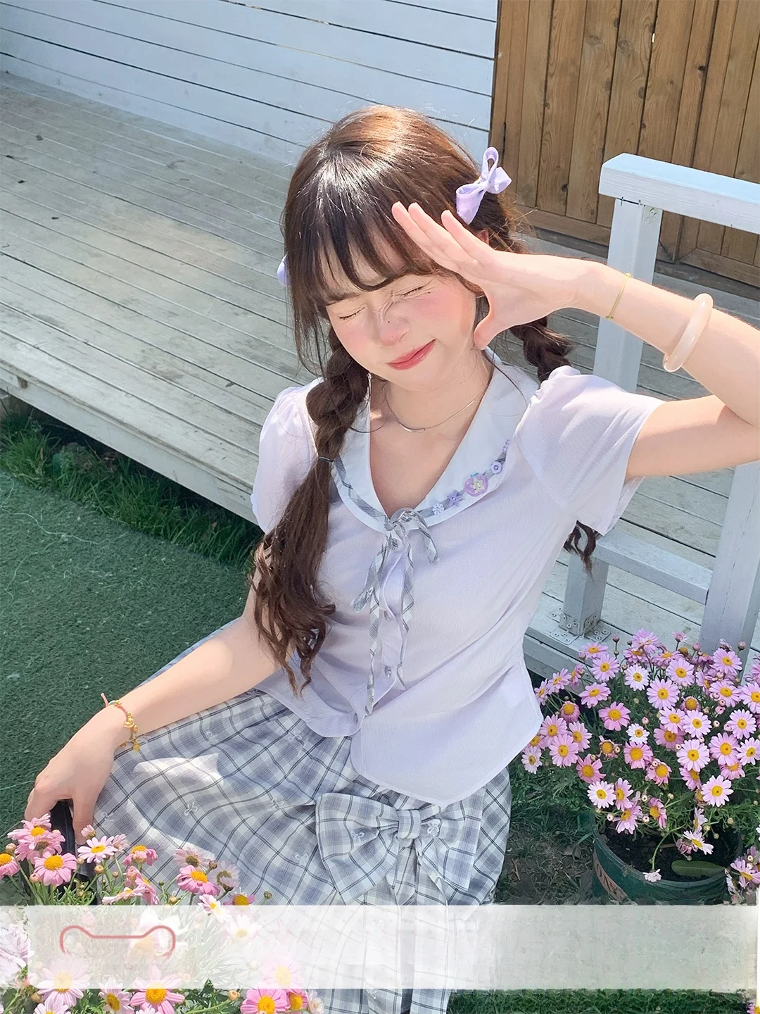 

Summer Violet Iris Design Shirt with Button Purple Plaid Embroidery Large Bowknot Half Skirt Women's Fashion Set Regular Sleeve