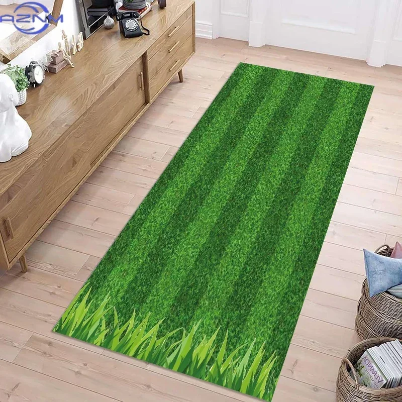 Natural Green Grass Lawn Long Runner Rug Realistic Turf Print Durable Wear-resistant Non-slip Carpet for Hallway Entryway