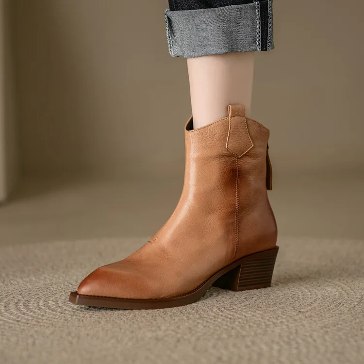 2024 New Winter Pointed Toe Women Boots Chunky Heel Women Shoes Retro Western Boots Ankle Boots Genuine Leather