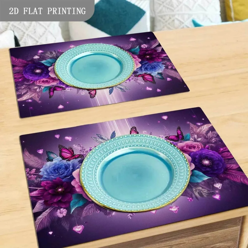 

VIKAMA 4-компонентный коврик для стола с фиолетовой розой и бабочкой, моющийся для семейного свадебного приема и украшения дома