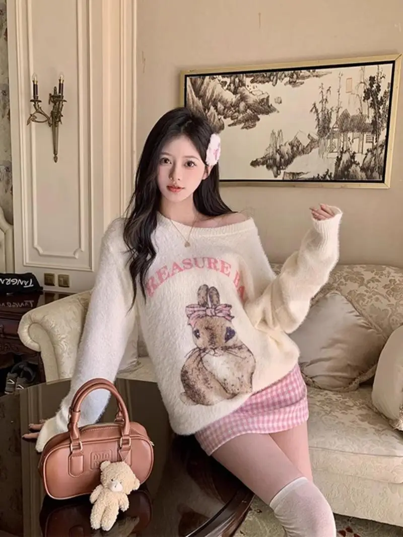 Sweet Bow Rabbit Print Oversized Sweatshirt for Girls Comfortable Women Thicken Winter Jumper Cute Cartoon Long Sleeve Pullover