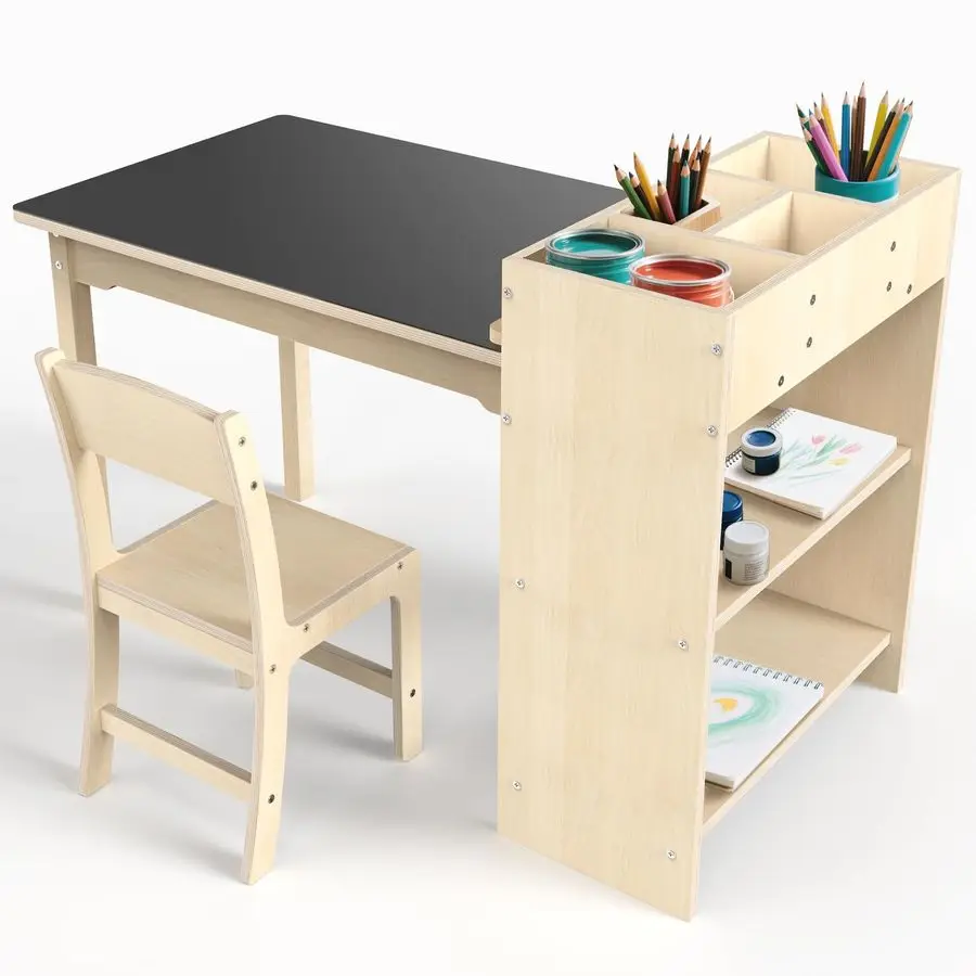 Art Table and Chair Set, Sturdy Beech Wood Study Desk for Childrens Drawing, Learning amp Play MultiFunctional Activity Table fo