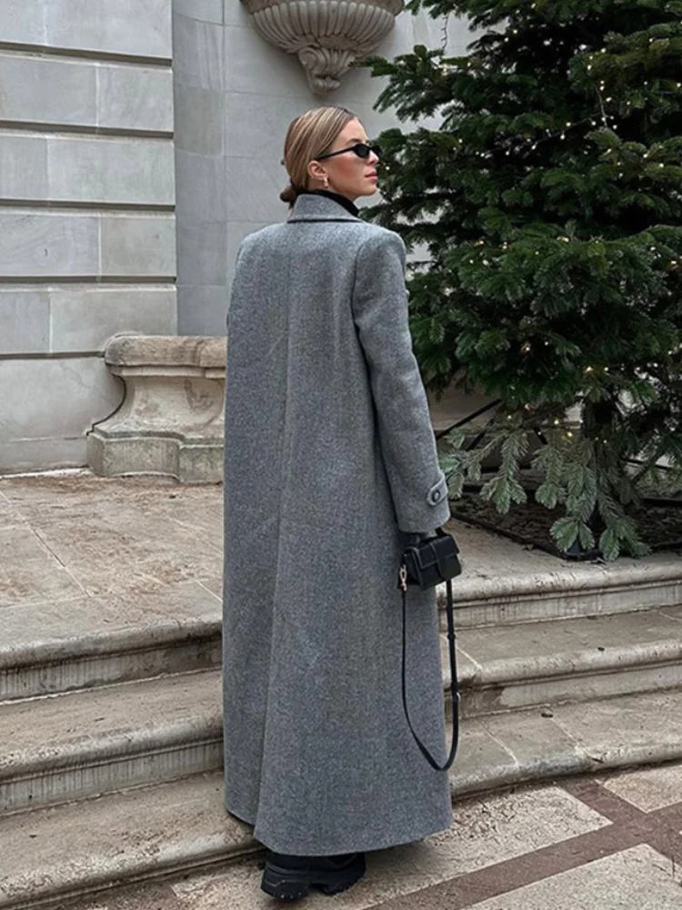 Chic Grey Padded Shoulder Overcoat For Women Classic Lapel Single Breasted Full Sleeve Coat 2024 New Female Fashion Long Jackets