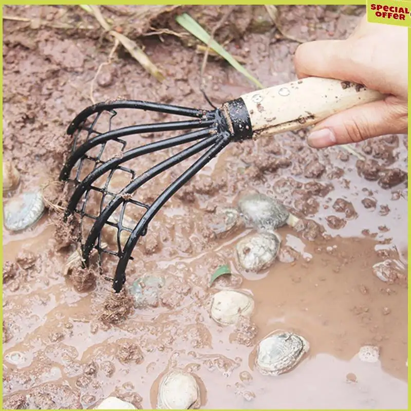 A34R Small Nail Rake With Net Bag Small Rake Shell Digging Tool Sea Catching Small Wooden Rake Wooden Handle Rake Small Rake