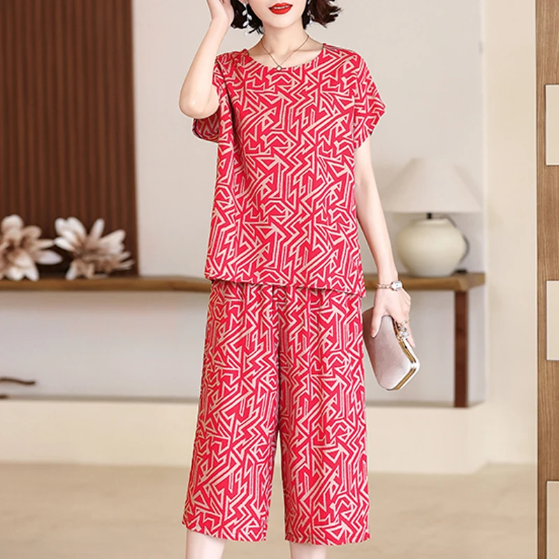 

Womens Two Peice Sets Summer 2024 New Loose Elegant High Waist Pant Sets Female Casual Vintage Print Oversize Suit