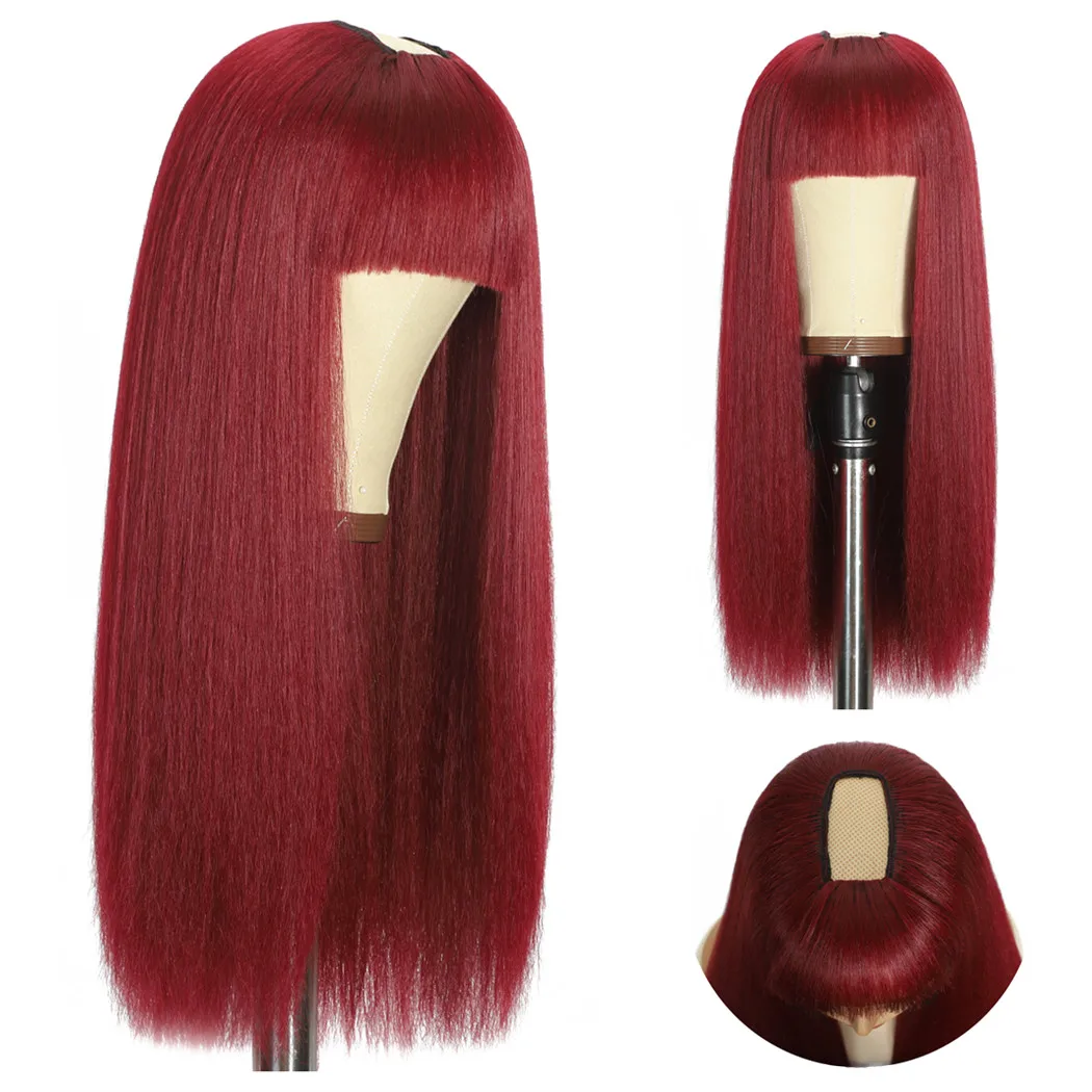 

U Part Synthetic Wig Kinky Straight High Temperature Fiber Hair Yaki Wig for Women Long Synthetic Hair Wig with Bangs