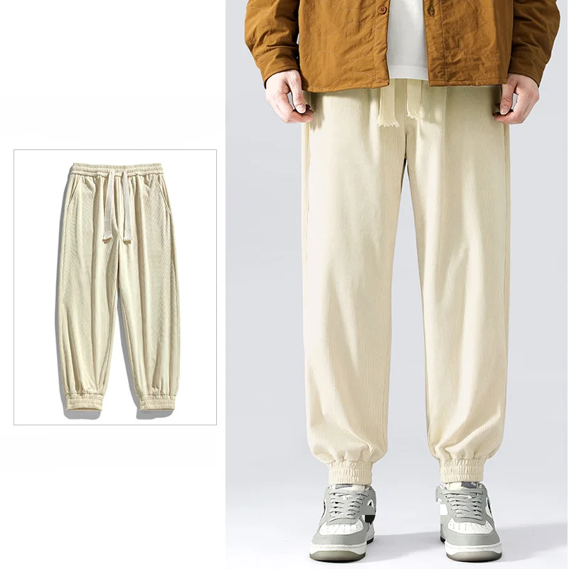 2024 Fashionable Corduroy Casual Pants with Belt Loose Fit and Tapered Leg for Men Corduroy Pants for Autumn and Winter