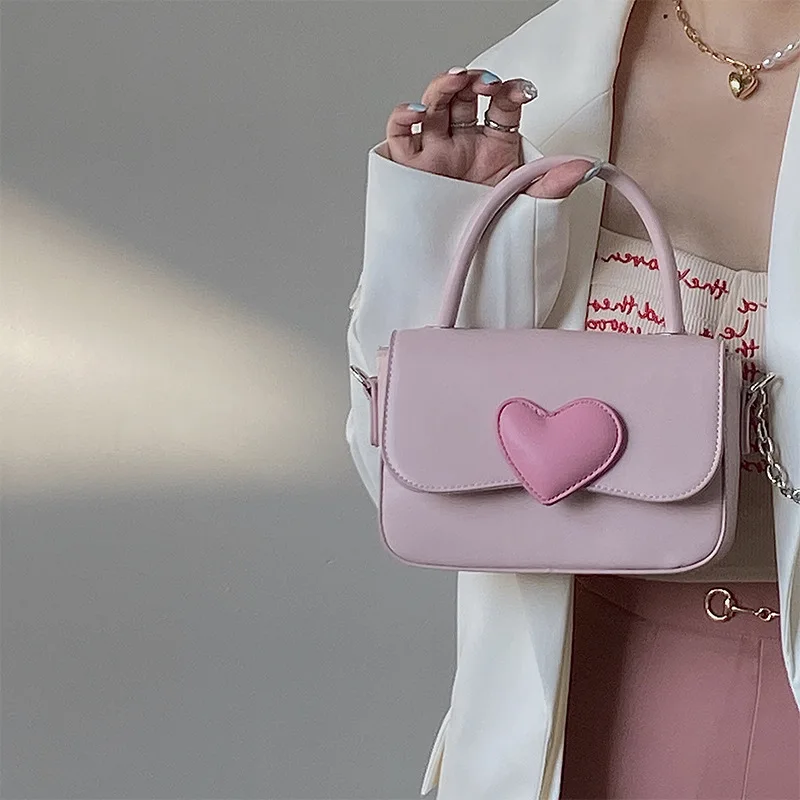 Pink Heart Girly Small Square Shoulder Bag Fashion Love Women Tote Purse Handbags Female Chain Top Handle Messenger Bags Gift