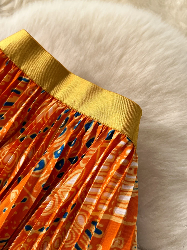 Femmes rétro imprimé taille haute minceur a-ligne jupe plissée mi-longue vacances bord de mer Style grande balançoire déplacements faldas SK081