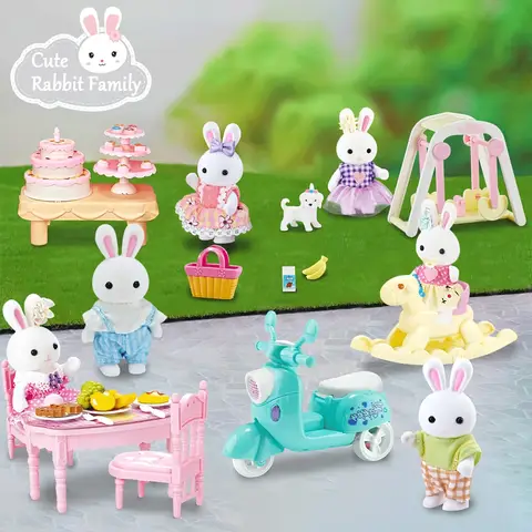 Dollhouse Miniature Furniture Set Rabbit Family Mini Toy House Set Play Game with Diverse Scenes Accessories Birthdays Gifts