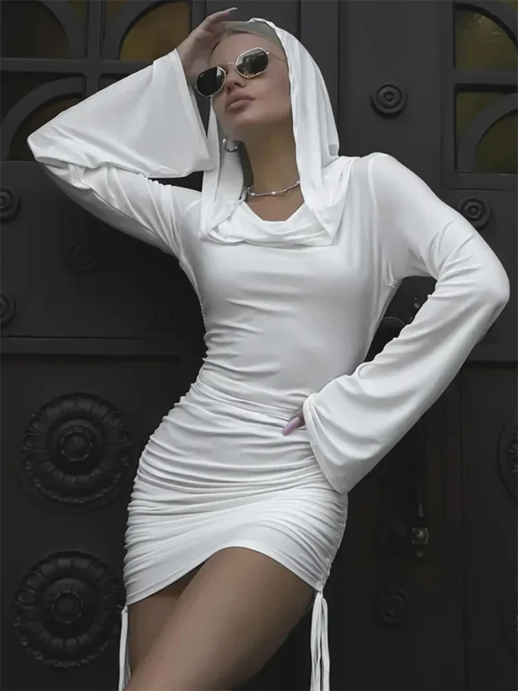 

White Sexy Hoodie Mini Dress Women's Pleated Slim Long Sleeve Drawstring High Waist Party Dress Female Solid Autumn Dress