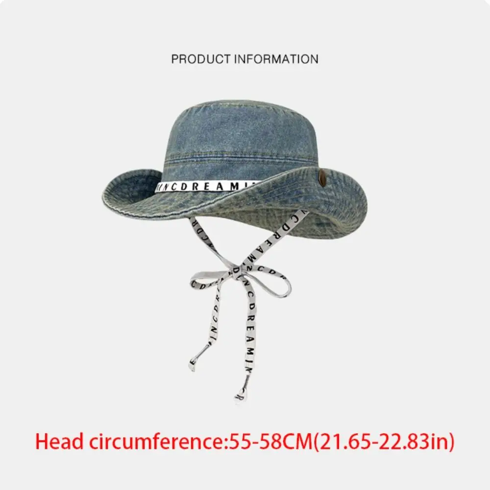 Retro Big Brimmed Denim Bucket Hat Letter Wide Wings Jeans Fisherman Hat With Tie Belt Sunscreen Sunscreen Hat Climbing