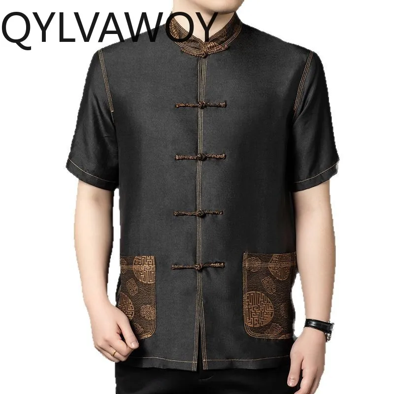 

QYLVAWOY 100% Mulberry Silk Men's Shirts Xiangyunsha Shirt Chinese Style Tops Short Sleeve Shirts for Man Summer Vintage Clothes