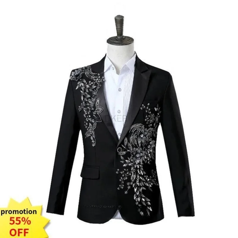 Casual Ele Embroidered Men's Suit Thiened Special Wide Fit Spring Youth Trend Double Slit Seven Sve Length Button Cl...