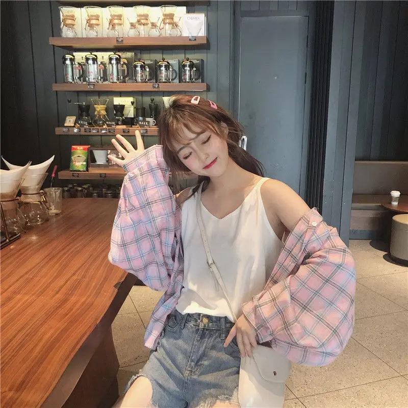 Women Shirts Long Sleeve Spring Turn-down Collar Plaid Korean Style Sunproof Chic Girls Outerwear All-match Loose Breathable